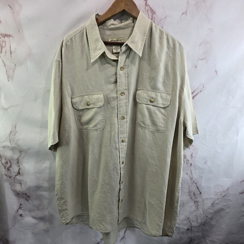Eddie Bauer Shirt Mens XXL Linen Button Beige Utility Short Sleeve Tall Long Vtg